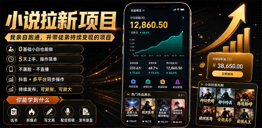 抖音及多平台小说拉新项目：我亲自跑通并持续带徒弟实操｜0基础小白5天上手快速变现-hcnxn