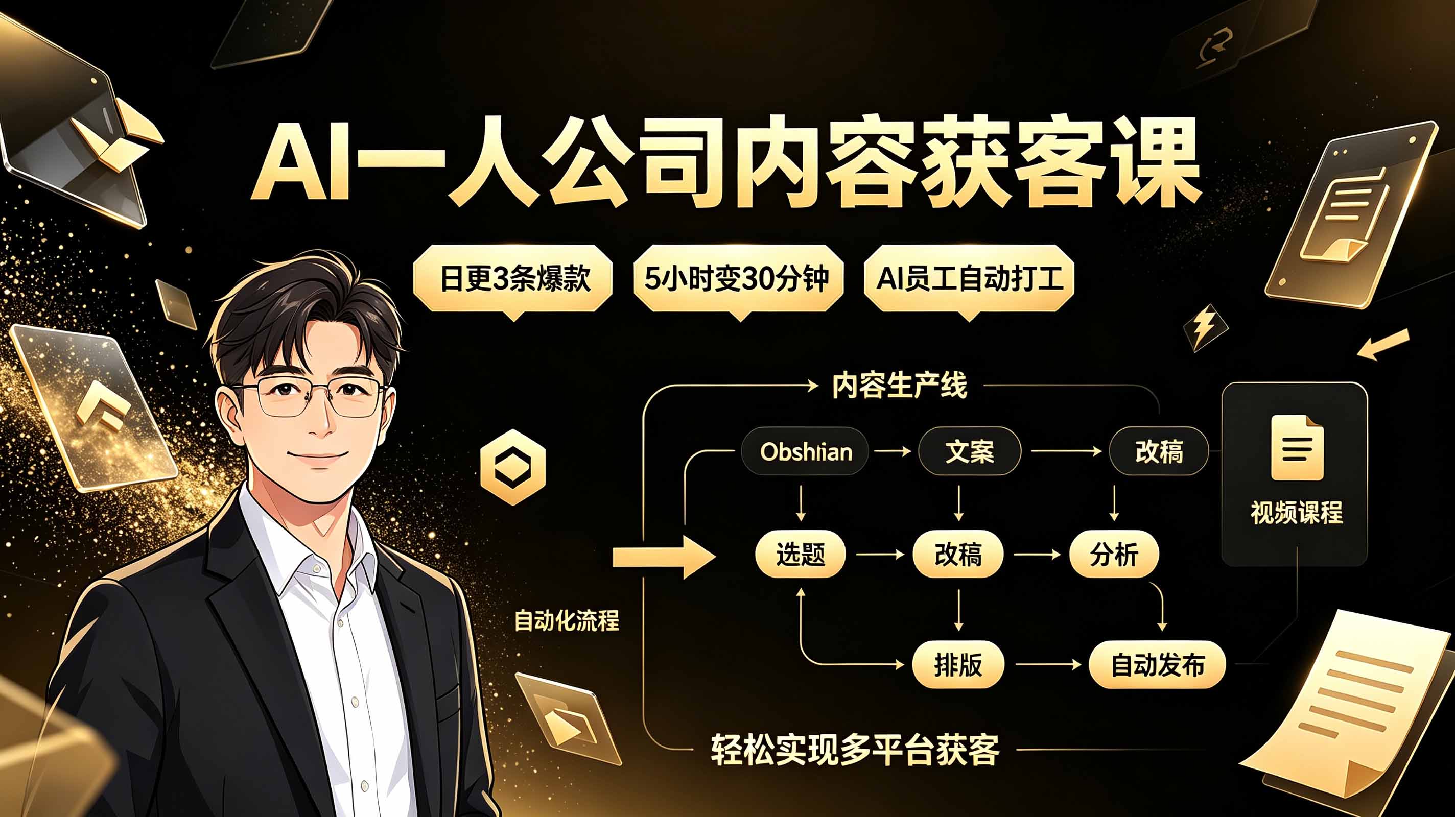 AI一人公司内容获客课：日更3条爆款×5小时变30分钟×AI员工自动打工，轻松实现多平台获客-hcnxn