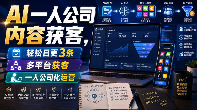 AI一人公司内容获客，轻松日更3条，多平台获客，一人公司化运营-hcnxn