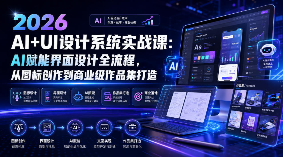 2026 AI+UI设计系统实战课：AI赋能界面设计全流程，从图标创作到商业级作品集打造-hcnxn