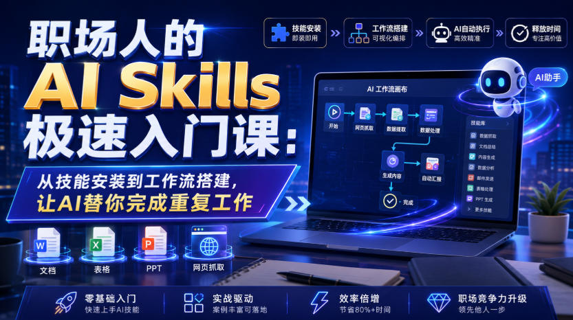 职场人的AI Skills极速入门课：从技能安装到工作流搭建，让AI替你完成重复工作-hcnxn