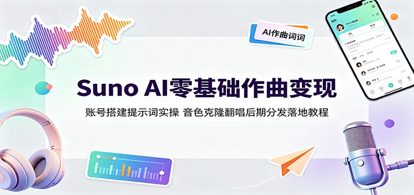 Suno AI零基础作曲变现：账号搭建提示词实操，音色克隆翻唱后期分发落地教程-hcnxn