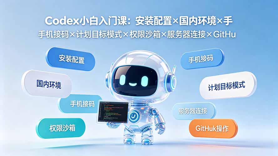 Codex小白入门课：安装配置×国内环境×手机接码×计划目标模式×权限沙箱×服务器连接×GitHub操作-hcnxn