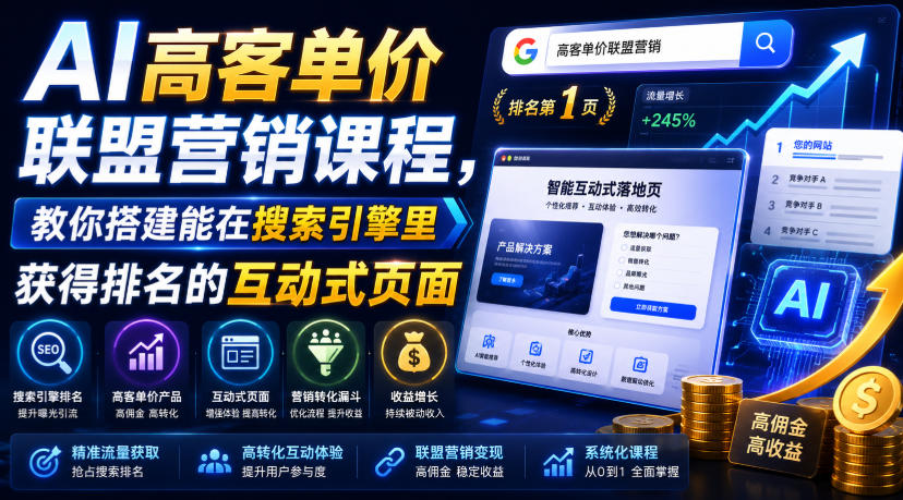 AI高客单价联盟营销课程，教你搭建能在搜索引擎里获得排名的互动式页面，引来流量，把访客转化为高佣金的成交【原创双语字幕】-hcnxn