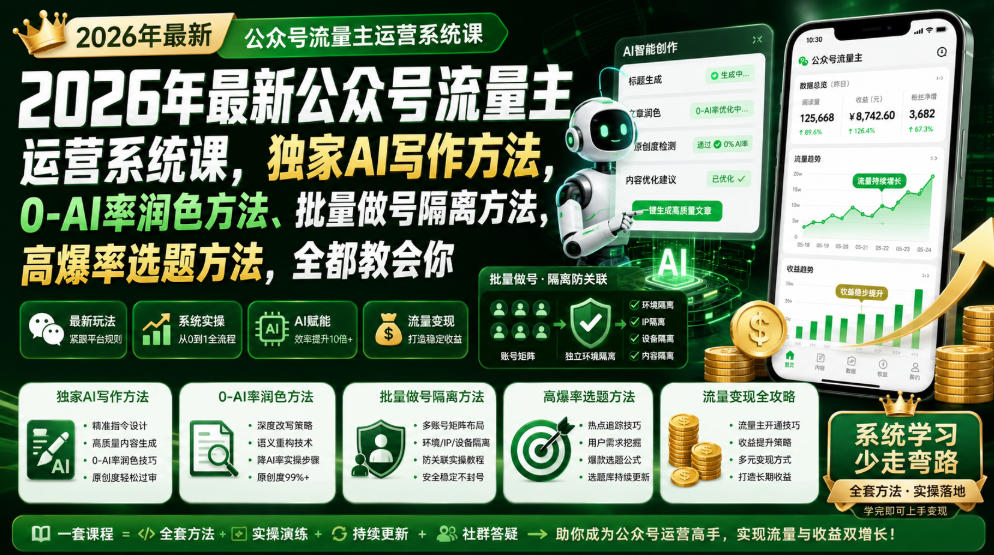 2026年最新公众号流量主运营系统课，独家AI写作方法，0-AI率润色方法、批量做号隔离方法、高爆率选题方法，全都教会你-hcnxn