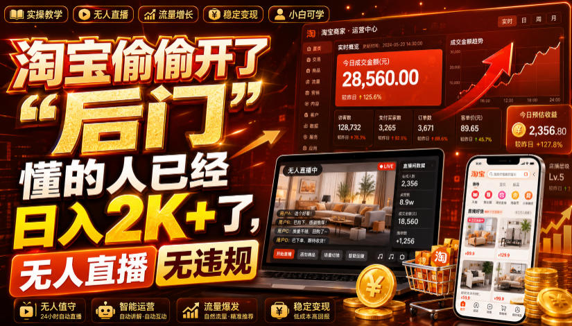 淘宝偷偷开了“后门”，懂的人已经日入2K+了，无人直播无违规，一台电脑=一家24小时营业的线上门店【揭秘】-hcnxn