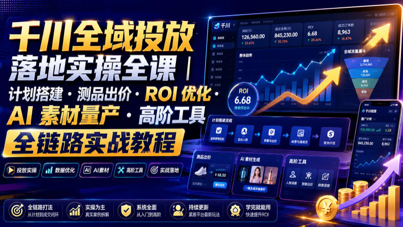 千川全域投放落地实操全课｜计划搭建・测品出价・ROI优化・AI素材量产・高阶工具全链路实战教程-hcnxn