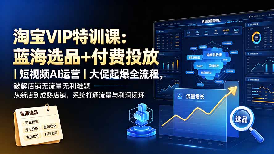 淘宝VIP特训课：蓝海选品+付费投放｜短视频AI运营｜大促起爆全流程，破解店铺无流量无利润难题-hcnxn