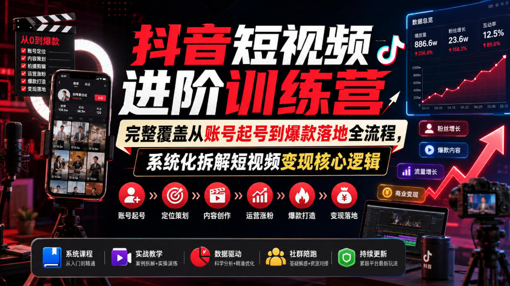 抖音短视频进阶训练营，完整覆盖从账号起号到爆款落地全流程，系统化拆解短视频变现核心逻辑-hcnxn
