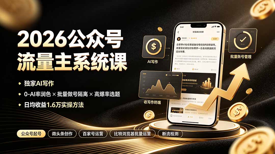 2026公众号流量主系统课：独家AI写作×0-AI率润色×批量做号隔离×高爆率选题，日均收益1.6万实操方法-hcnxn