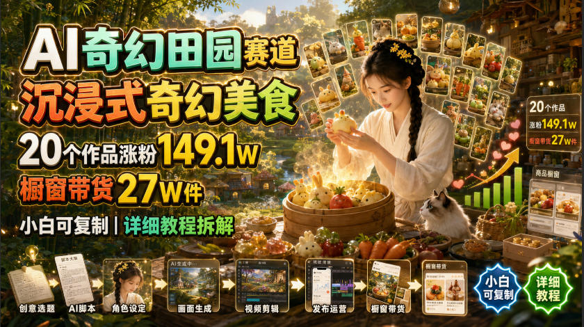 AI奇幻田园赛道，沉浸式奇幻美食，20个作品涨粉149.1W，橱窗带货27W件，小白可复制，详细教程拆解-hcnxn
