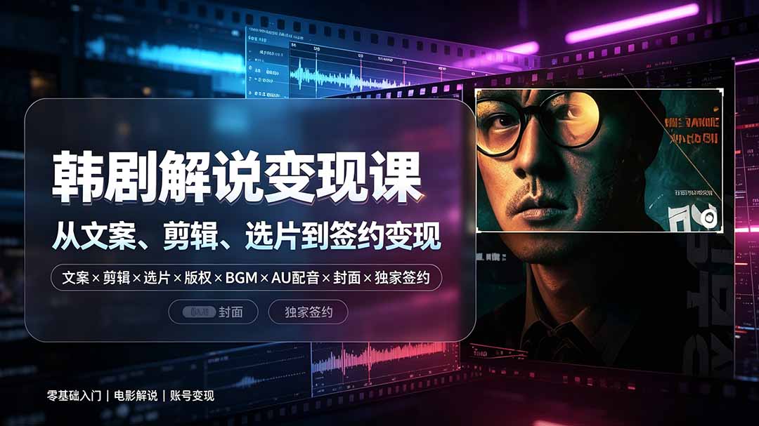 抖音270W粉丝博主亲授韩剧解说课：文案×剪辑×选片×版权×BGM×AU配音×封面×独家签约，零基础到变现-hcnxn