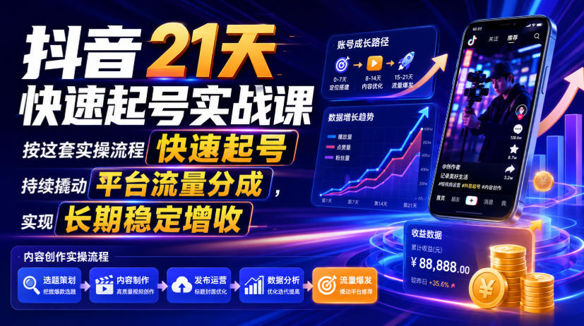 抖音21天快速起号实战课，按这套实操流程快速起号，持续撬动平台流量分成，实现长期稳定增收-hcnxn