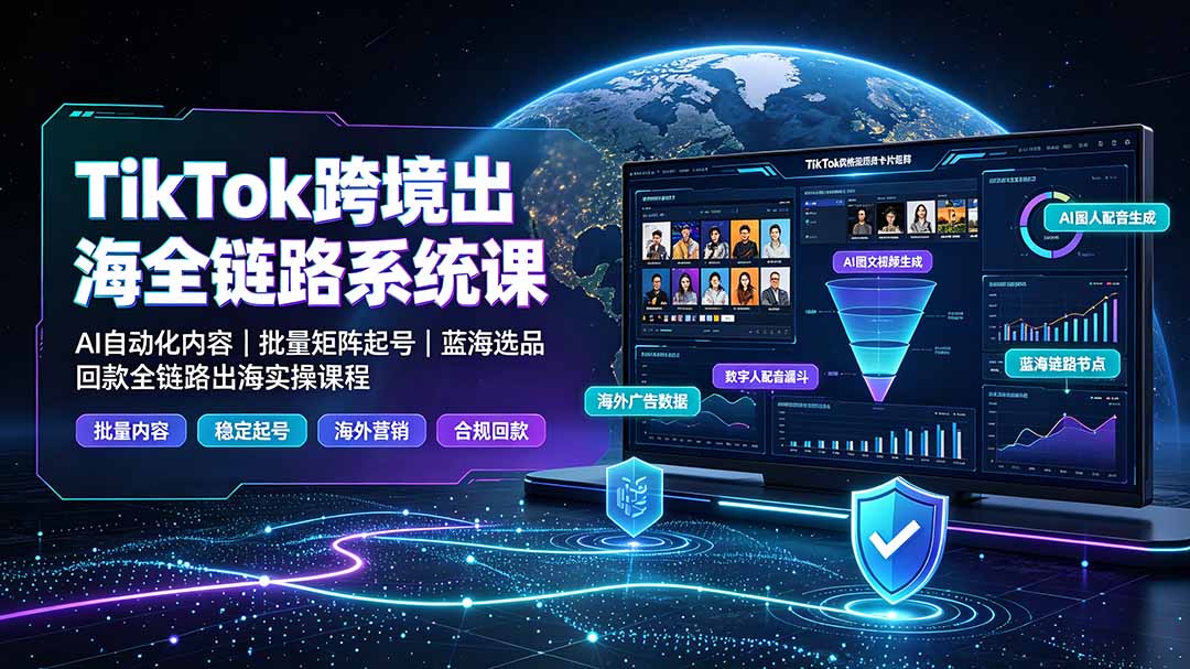 TikTok跨境出海全链路系统课-2026年7月：AI自动化内容｜批量矩阵起号｜蓝海选品回款全链路出海实操课程-hcnxn