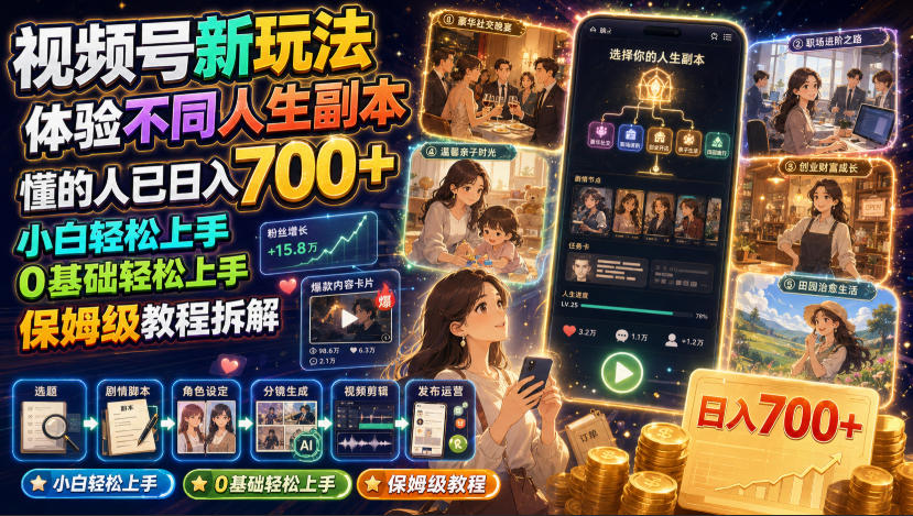 视频号新玩法体验不同人生副本，懂的人已日入700+，小白轻松上手，0基础轻松上手，保姆级教程拆解-hcnxn