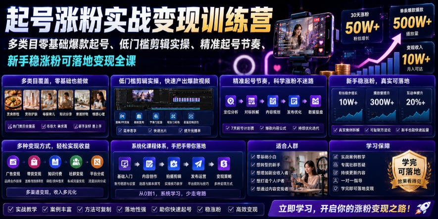 苗子起号涨粉实战变现训练营，多类目零基础爆款起号、精准起号节奏、新手稳涨粉可落地变现全课(更新0719)-hcnxn