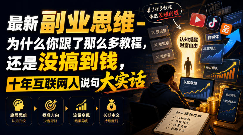 最新副业思维-为什么你跟了那么多教程，还是没搞到钱，十年互联网人说句大实话【揭秘】-hcnxn