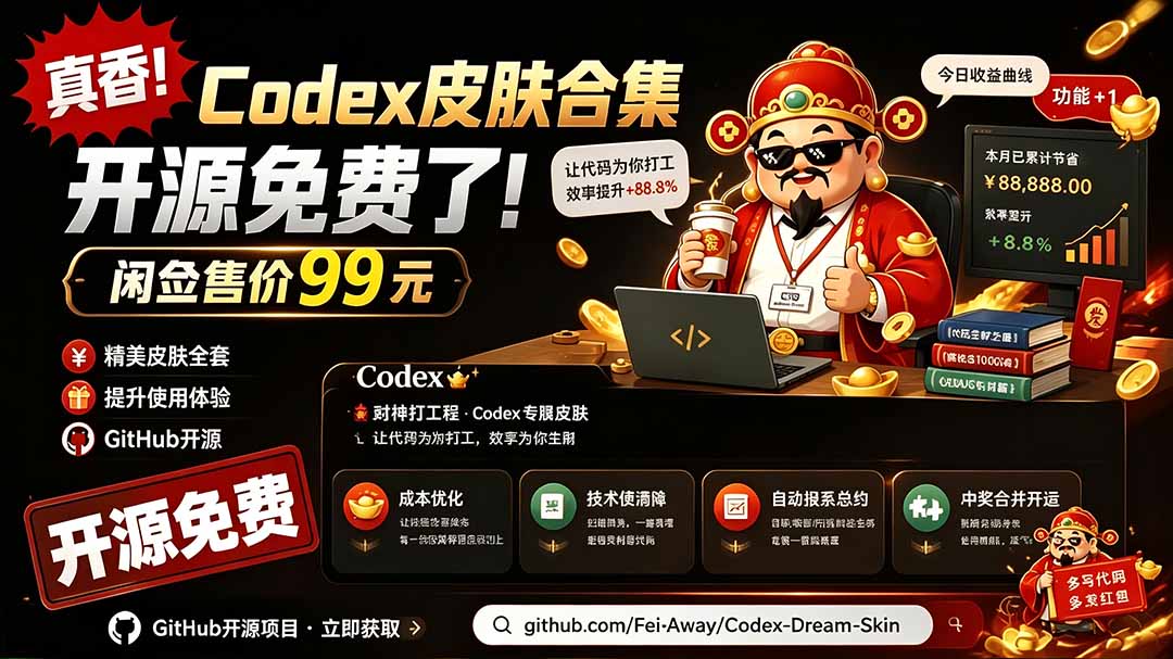 闲鱼售卖99元的Codex皮肤包，GitHub 免费开源了！让你的codex变成精美界面 Codex Dream Skin-hcnxn