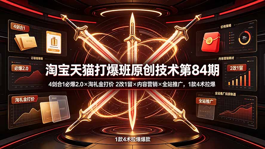 淘宝天猫打爆班原创技术第84期：4剑合1必爆2.0×淘礼金打价×2改1留×内容营销×全站推广，1款4术拉爆-hcnxn