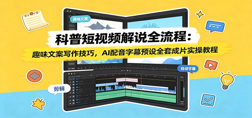 科普短视频解说全流程：趣味文案写作技巧，AI配音字幕预设全套成片实操教程-hcnxn