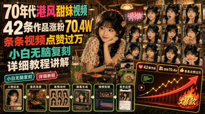 70年代港风甜妹视频，42条作品涨粉70.4W，条条视频点赞过万，小白无脑复刻，详细教程讲解-hcnxn