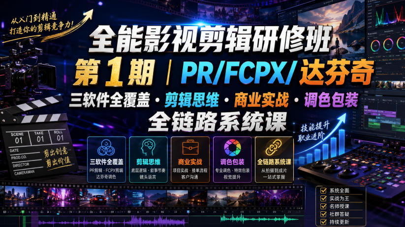 全能影视剪辑研修班第1期｜PR/FCPX/达芬奇三软件全覆盖・剪辑思维・商业实战・调色包装全链路系统课-hcnxn