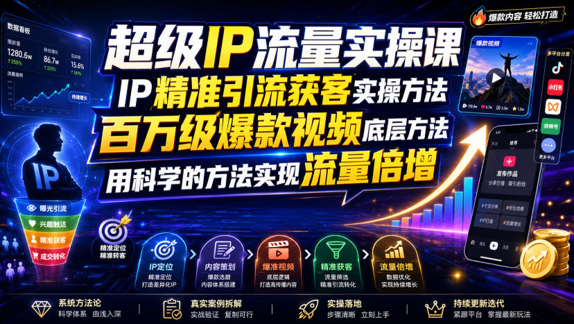 超级IP流量实操课，IP精准引流获客实操方法，百万级爆款视频底层方法，用科学的方法实现流量倍增-hcnxn