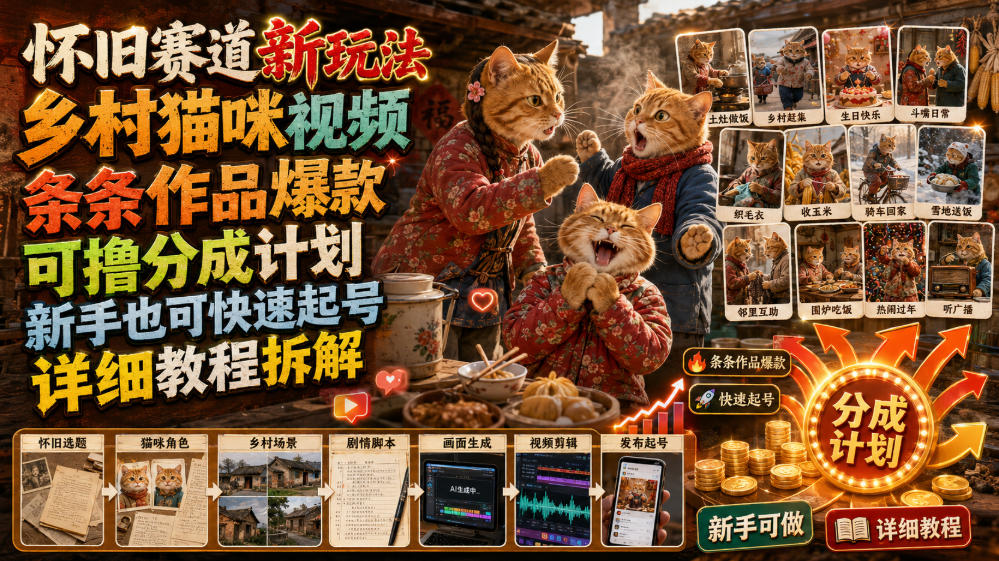 怀旧赛道新玩法，乡村猫咪视频，条条作品爆款，可撸分成计划，新手也可快速起号，详细教程拆解-hcnxn