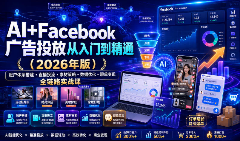 AI+Facebook广告投放从入门到精通(2026年版)｜账户体系搭建・直播投流・素材策略・数据优化・聊单变现全链路实战课-hcnxn