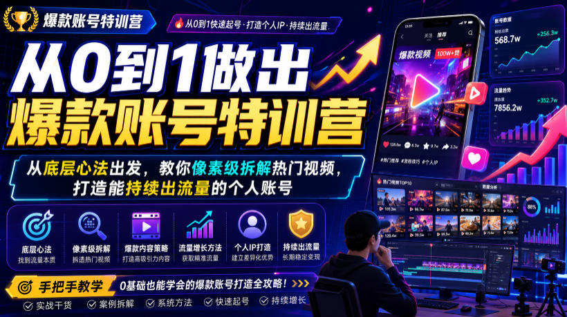 从0到1做出爆款账号特训营，从底层心法出发，教你像素级拆解热门视频，打造能持续出流量的个人账号-hcnxn