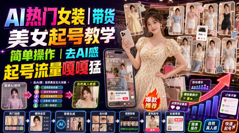AI热门女装带货丨美女起号教学，简单操作，去AI感，起号流量嘎嘎猛-hcnxn