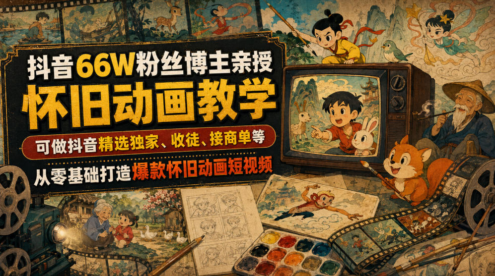 抖音66W粉丝博主亲授怀旧动画教学，可做抖音精选独家、收徒、接商单等，从零基础打造爆款怀旧动画短视频-hcnxn