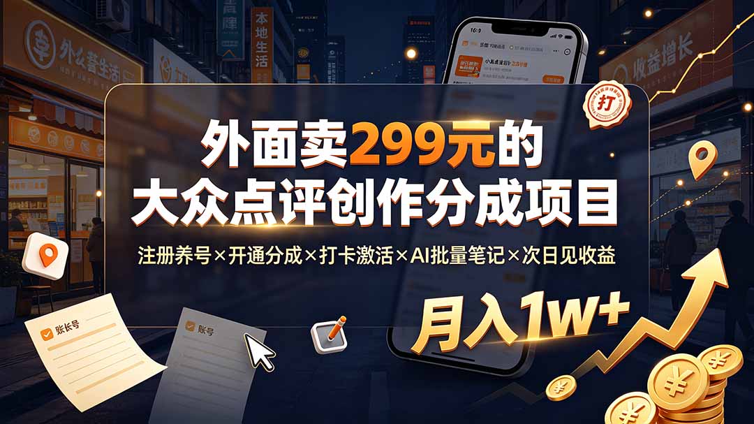 外面卖299元的大众点评创作分成项目：注册养号×开通分成×打卡激活×AI批量笔记×次日见收益，月入1w+-hcnxn