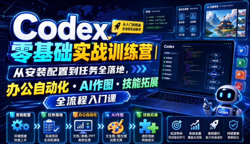 Codex零基础实战训练营｜从安装配置到任务全落地，办公自动化・AI作图・技能拓展全流程入门课-hcnxn