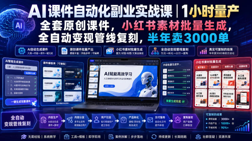 AI课件自动化副业实战课｜1小时量产全套原创课件，小红书素材批量生成，全自动变现管线复刻，半年卖3000单-hcnxn