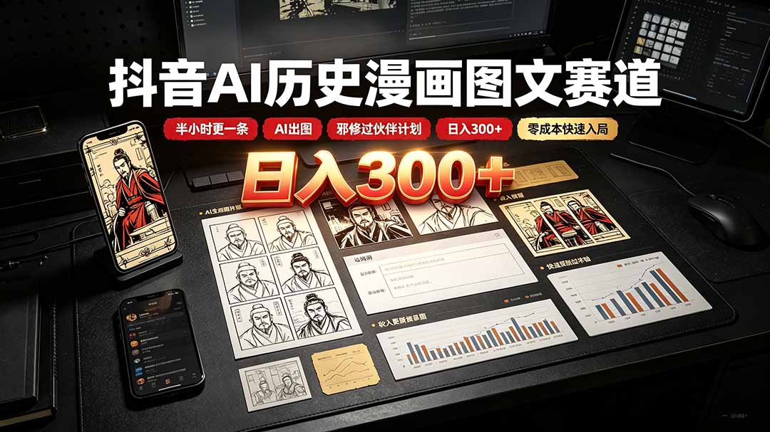 抖音AI历史漫画图文赛道：半小时更一条×AI出图×邪修过伙伴计划×日入300+，零成本快速入局-hcnxn