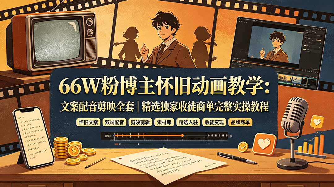 66W粉博主怀旧动画教学：文案配音剪映全套｜精选独家收徒商单完整实操教程-hcnxn