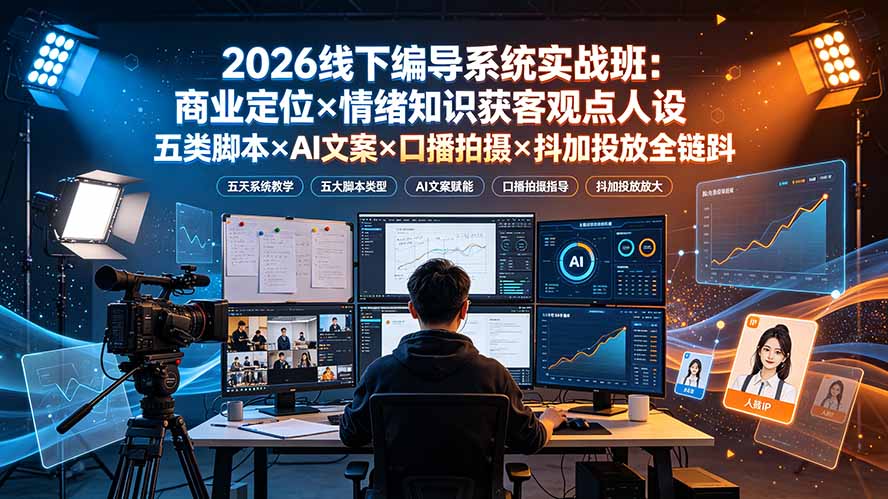 2026线下编导系统实战班：商业定位×情绪知识获客观点人设五类脚本×AI文案×口播拍摄×抖加投放全链路-hcnxn