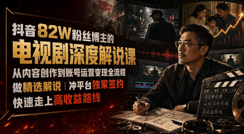 抖音82W粉丝博主的电视剧深度解说课，从内容创作到账号运营变现全流程，做精选解说，冲平台独家签约，快速走上高收益路线-hcnxn