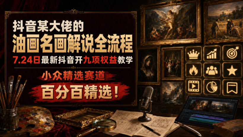 抖音某大佬的油画名画解说全流程，7.24日最新抖音开九项权益教学，小众精选赛道，百分百精选！-hcnxn