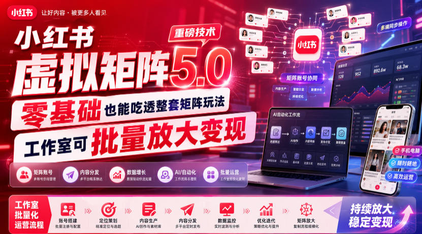 小红书虚拟矩阵5.0重磅技术，零基础也能吃透整套矩阵玩法，工作室可批量放大变现-hcnxn