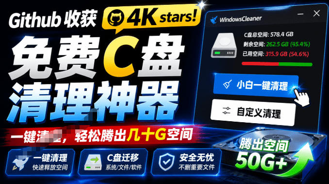 Github收获4K stars！免费C盘清理神器，轻松腾出几十G空间，支持C盘迁移Windows Cleaner-hcnxn