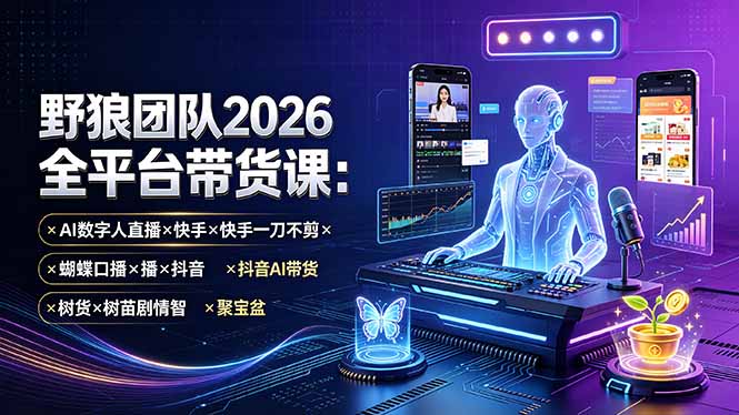 野狼团队2026全平台带货课-7月：AI数字人直播×快手一刀不剪×蝴蝶口播×抖音AI带货×树苗剧情智剪×聚宝盆-hcnxn