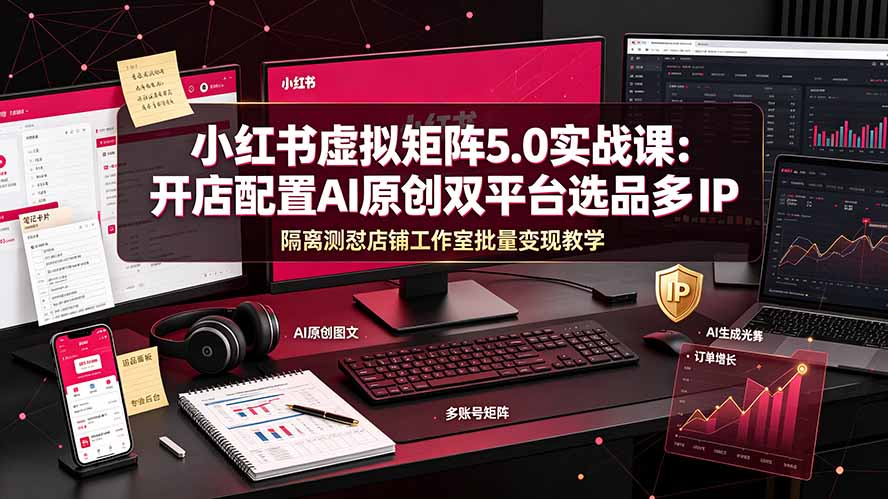 小红书虚拟矩阵5.0实战课：开店配置｜AI原创｜双平台选品｜多IP隔离｜测怼店铺工作室批量变现实操教学-hcnxn