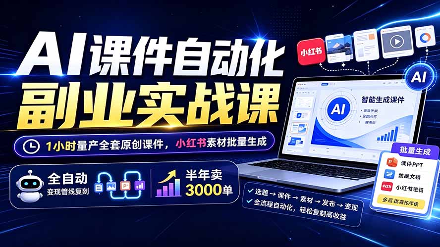 AI课件自动化副业实战课：1小时量产全套原创课件×小红书素材批量生成×全自动变现管线×半年卖3000单-hcnxn
