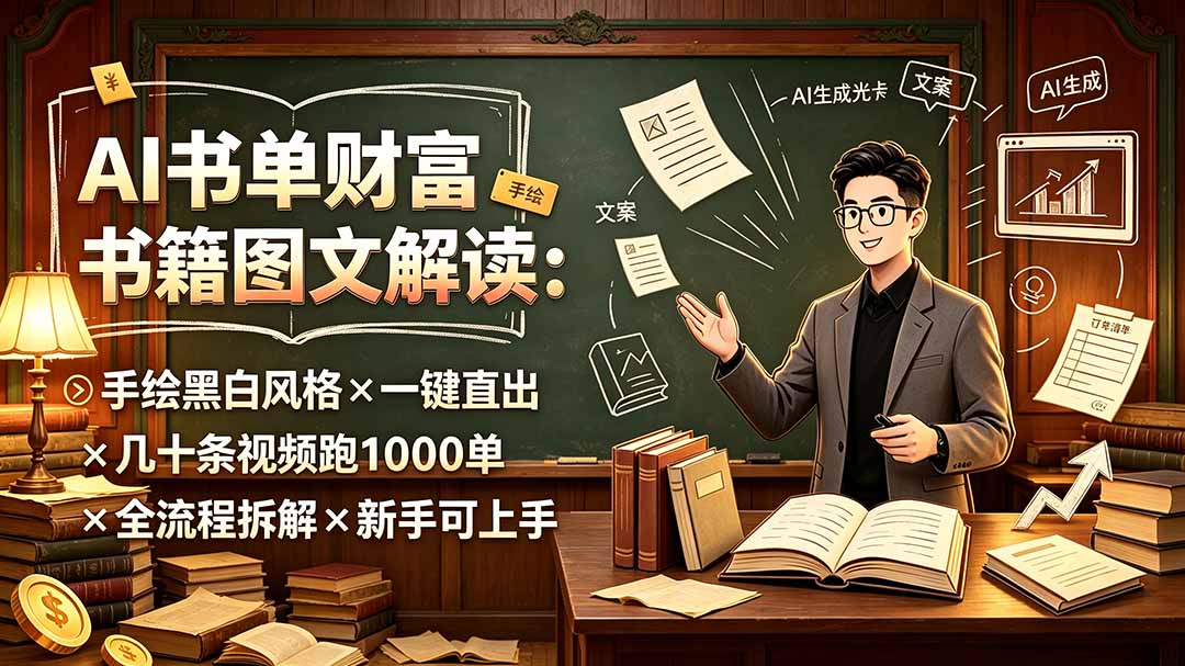 AI书单财富书籍图文解读：手绘黑白风格×一键直出×几十条视频跑1000单×全流程拆解×新手可上手-hcnxn