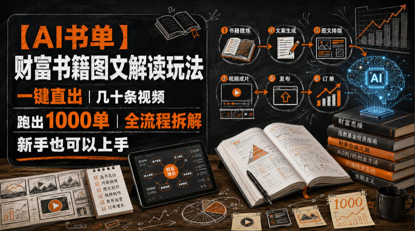 【AI书单】财富书籍图文解读玩法，一键直出，几十条视频，跑出1000单，全流程拆解，新手也可以上手-hcnxn