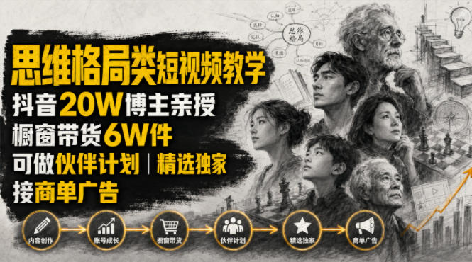 人性思维格局类短视频教学，抖音20W博主亲授，橱窗带货6W件，可做伙伴计划、精选独家、接商单广告-hcnxn