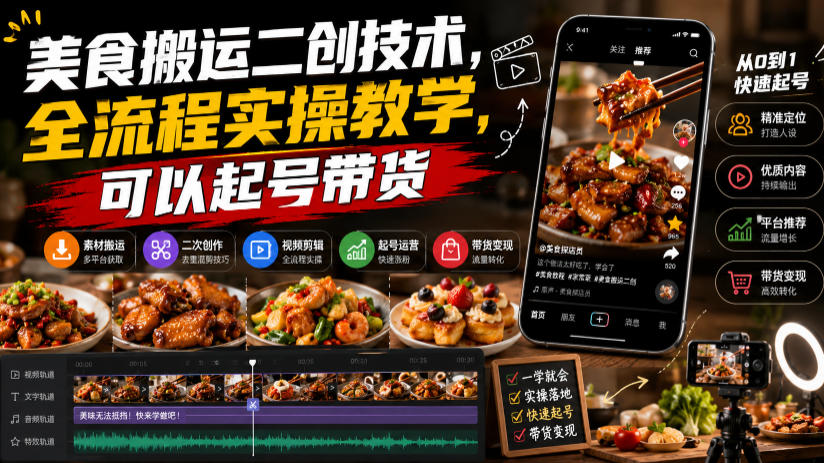 美食搬运二创技术，全流程实操教学，可以起号带货-hcnxn