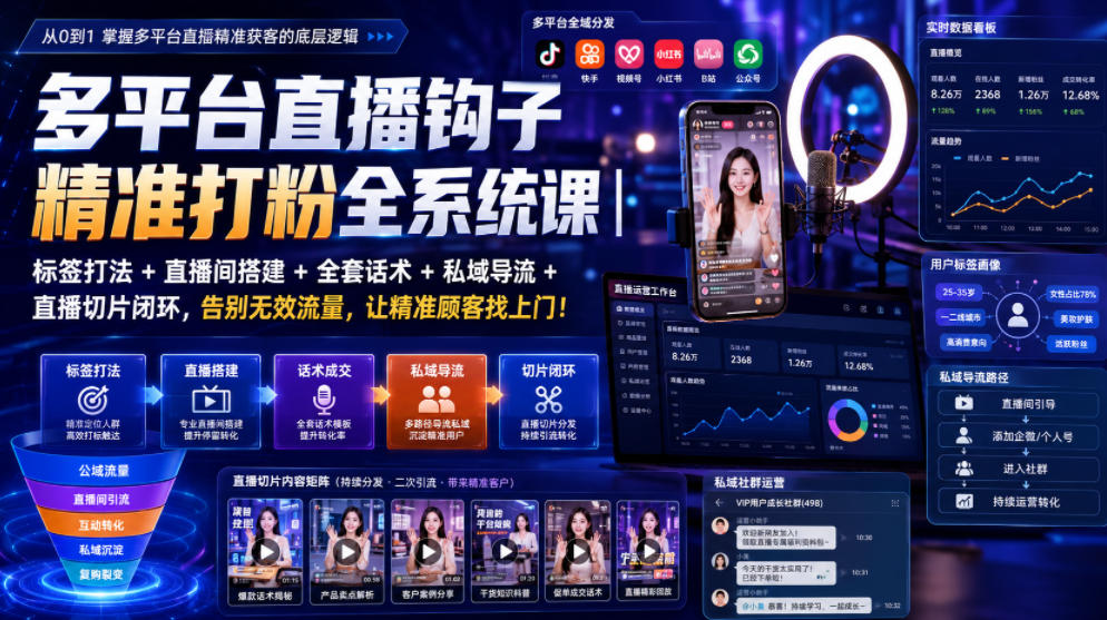 多平台直播钩子精准打粉全系统课｜标签打法+直播间搭建+全套话术+私域导流+直播切片闭环，告别无效流量，让精准顾客找上门！-hcnxn